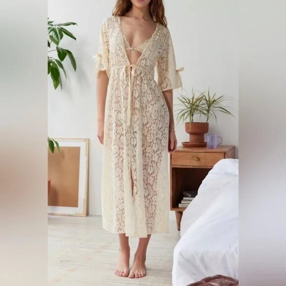Urban Outfitters Other - NEW URBAN OUTFITTERS SHEER LACE ROBE DUSTER KIMONO COVER-UP (CREAM/BEIGE)